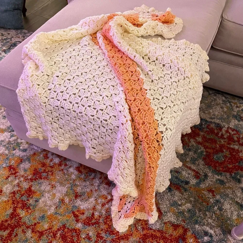 Hand Crocheted Afghan Lap Throw Blanket 39 x 39 Peach Cream Diagonal Stripe